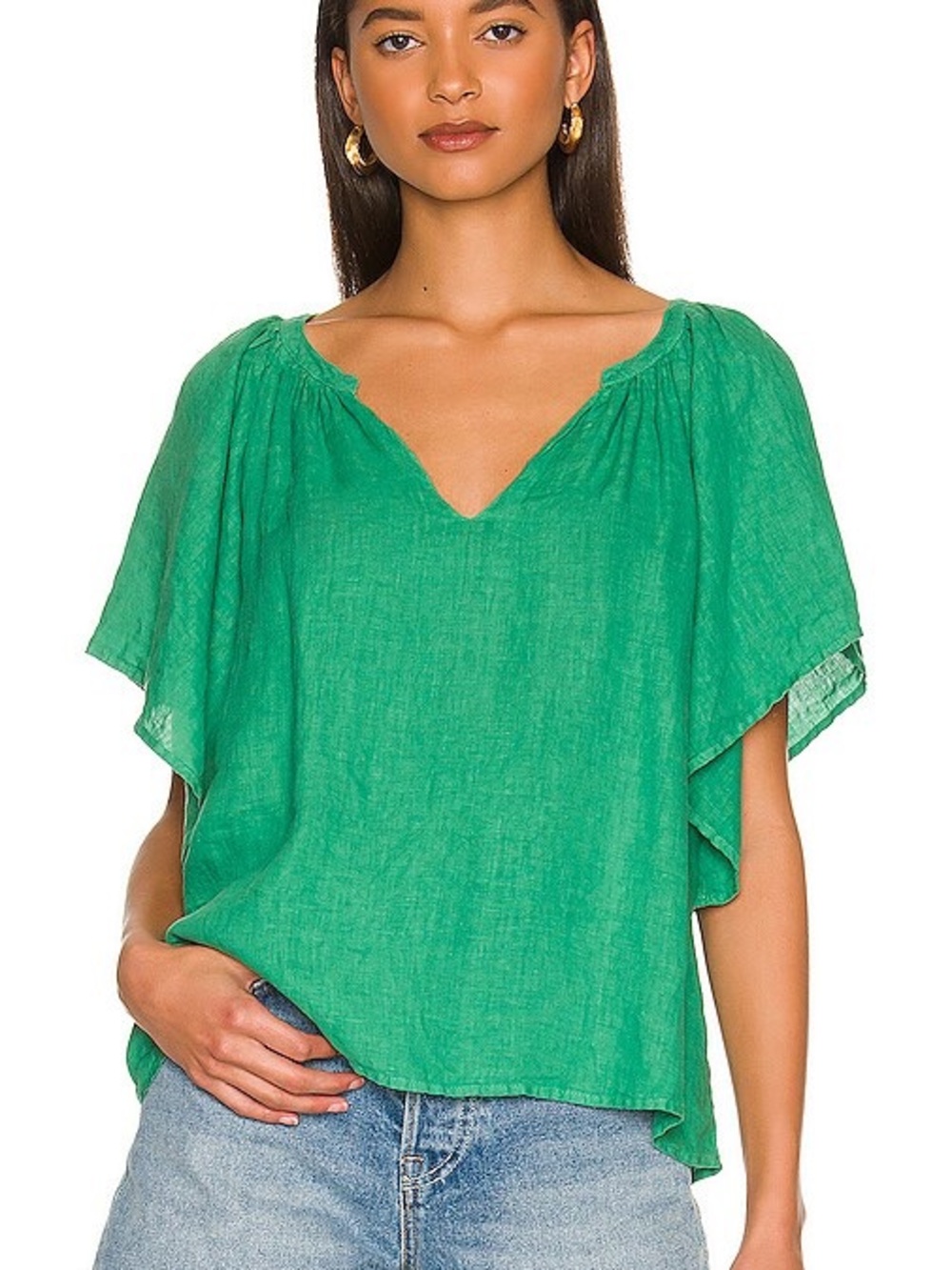 Velvet by Graham & Spencer Kalila 100% Linen V-Neck Flutter Blouse in Apple